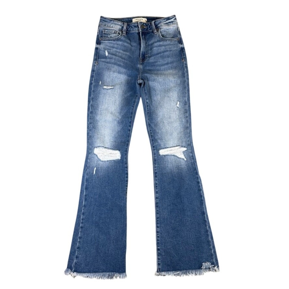 Hidden Jeans Los Angeles High Rise Distressed Flare Raw Hem Medium Wash Size 27